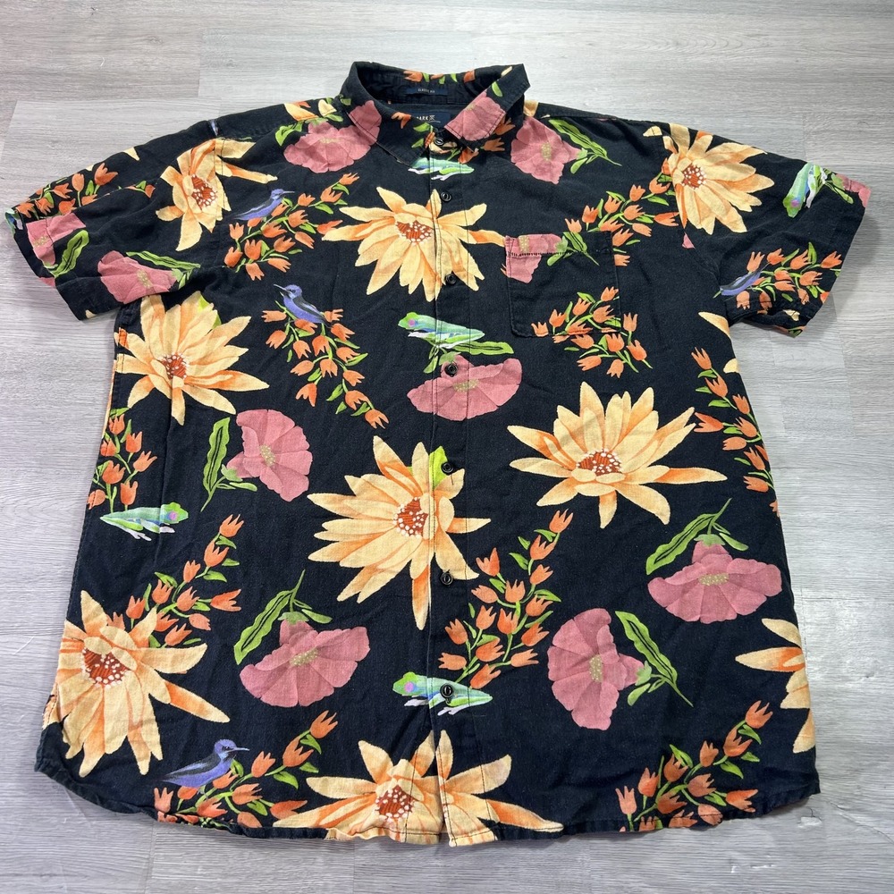 Roark Shirt Mens XL Black Floral Short Sleeve Button Up Linen Tropical Casual